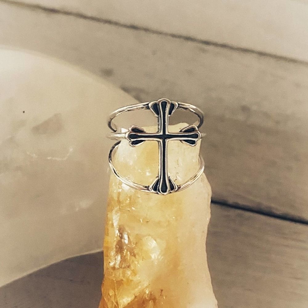 Sterling Silver Minimalist Cross Band Ring Adjustable 7-12